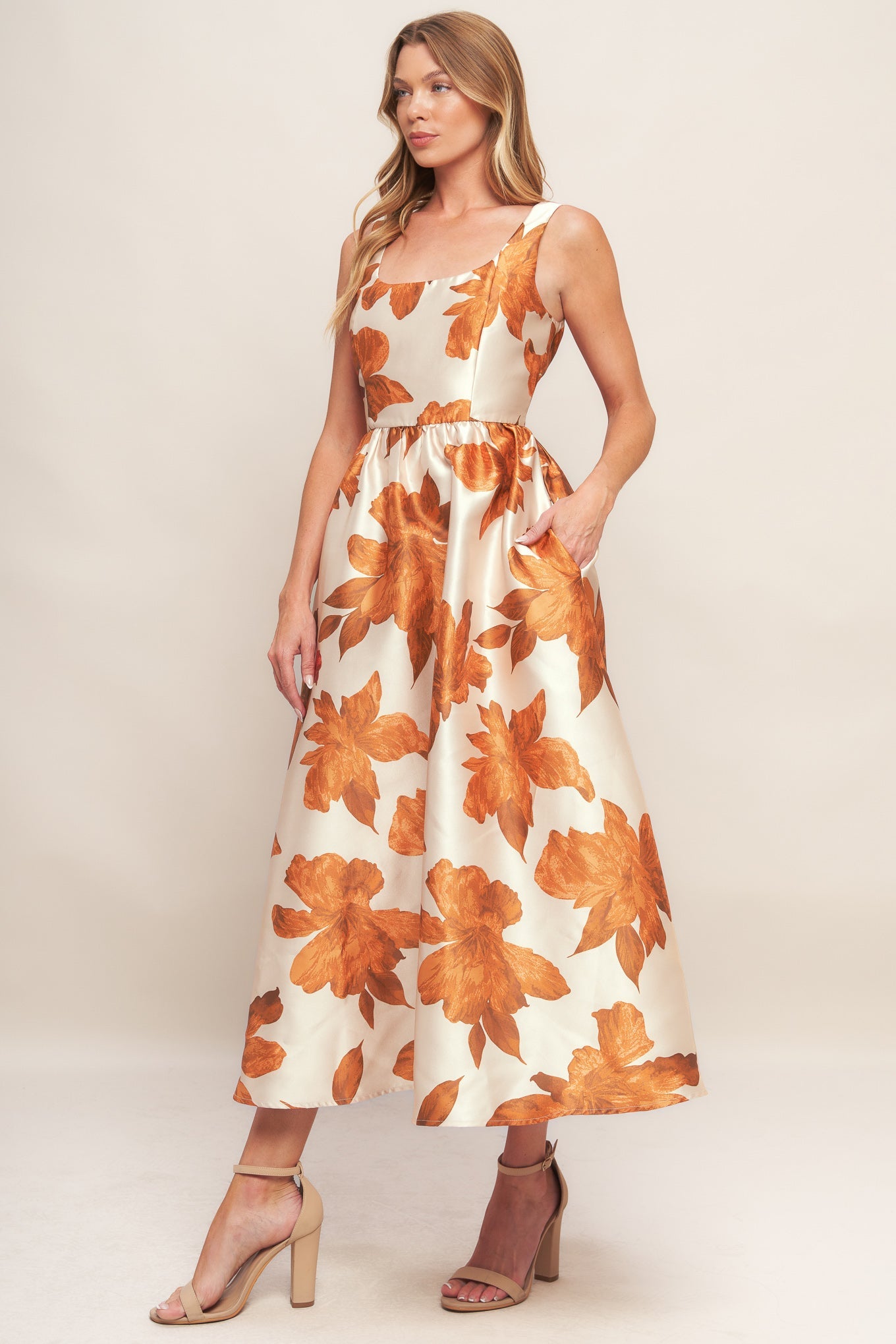 FALL FLORAL SATIN MIDI DRESS - RUST