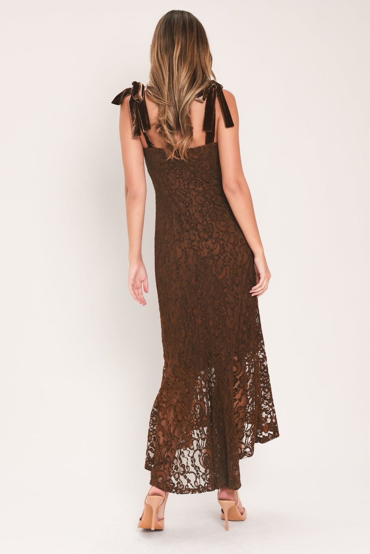 AUTUMN ROMANCE - CHESTNUT LACE & VELVET MIDI DRESS | Lady Black Tie