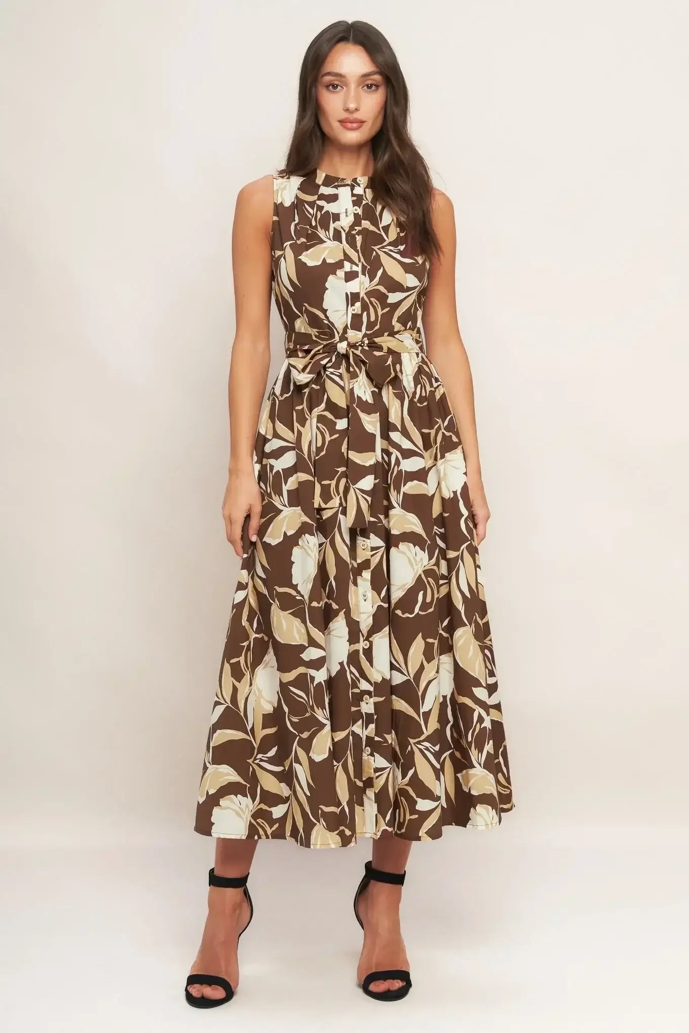 ELEGANT BLOOM BUTTON FRONT BROWN MIDI DRESS