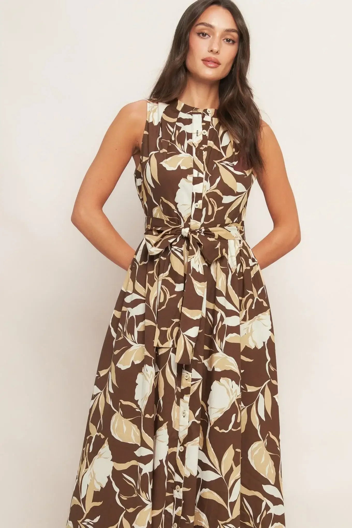 ELEGANT BLOOM BUTTON FRONT BROWN MIDI DRESS