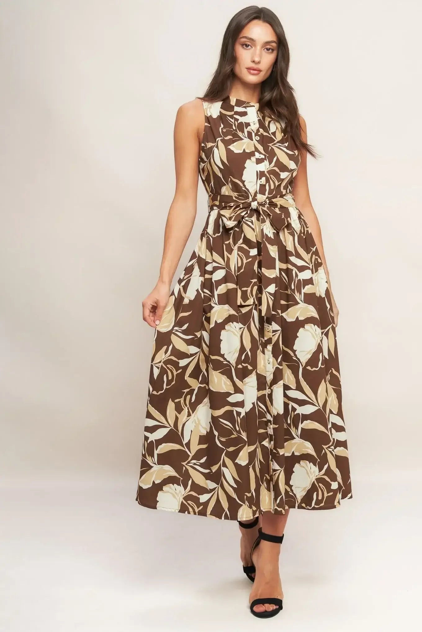 ELEGANT BLOOM BUTTON FRONT BROWN MIDI DRESS