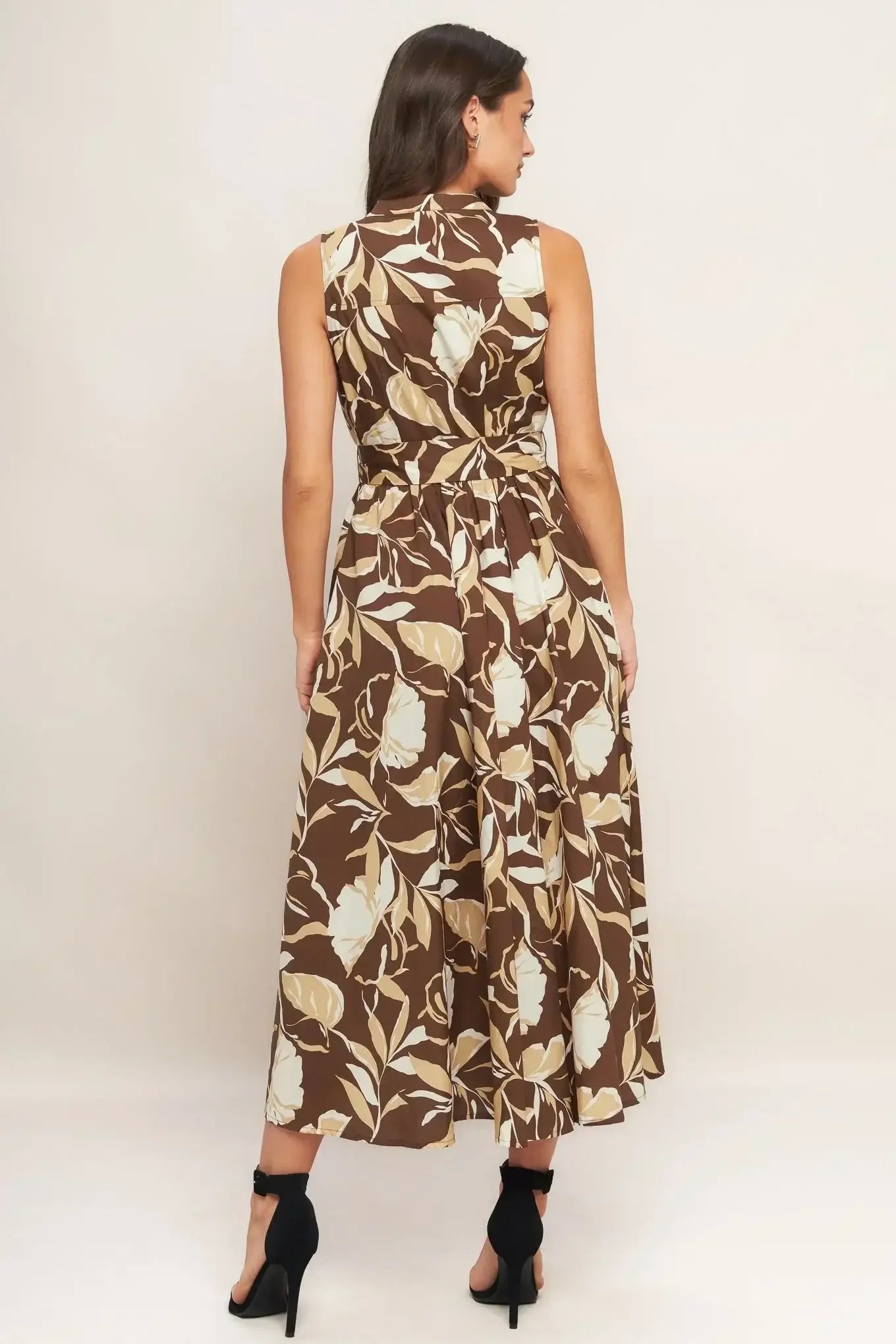 ELEGANT BLOOM BUTTON FRONT BROWN MIDI DRESS