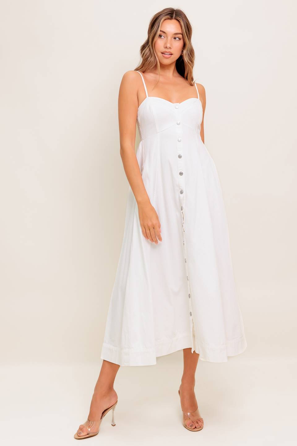 BREE BUTTON DOWN MIDI DRESS - WHITE