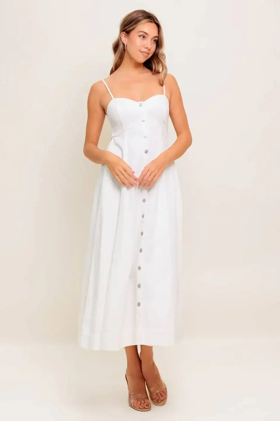 BREE BUTTON DOWN MIDI DRESS - WHITE