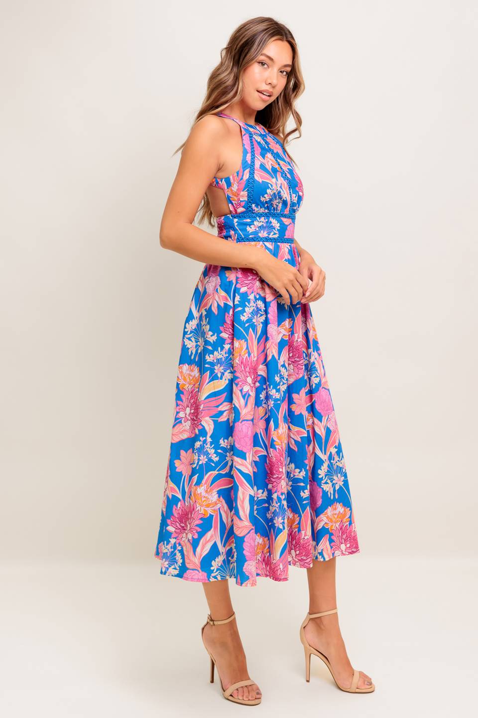 SOLANA MIDI DRESS - BLUE & PINK FLORAL HALTER DRESS