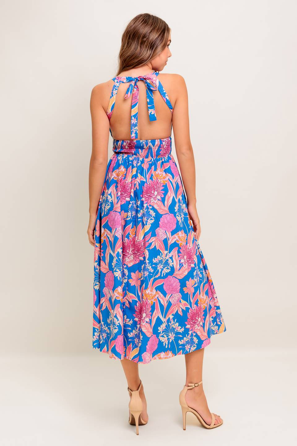 SOLANA MIDI DRESS - BLUE & PINK FLORAL HALTER DRESS
