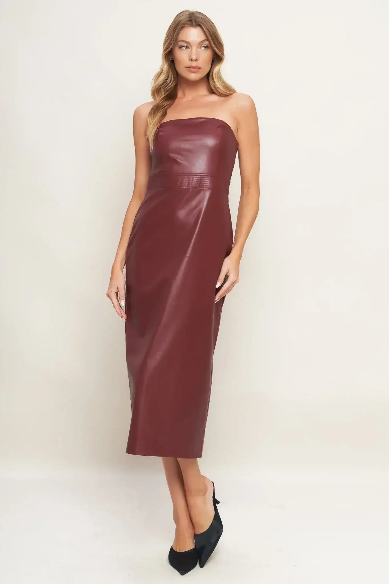 RUNWAY TREND FAUX LEATHER MIDI DRESS - BURGUNDY