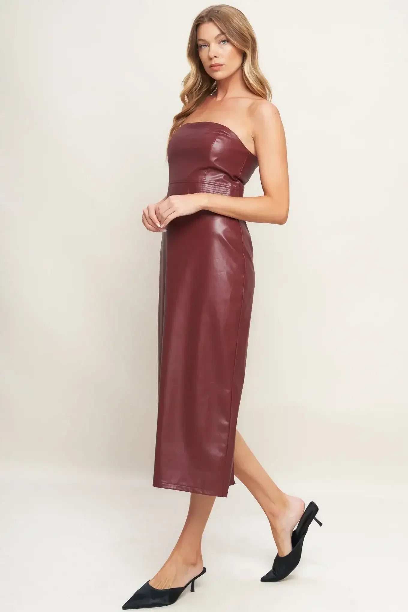 RUNWAY TREND FAUX LEATHER MIDI DRESS - BURGUNDY