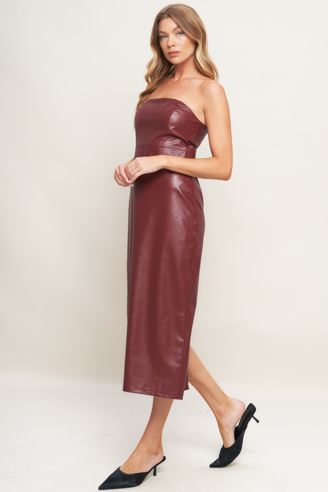 RUNWAY TREND FAUX LEATHER MIDI DRESS - BURGUNDY