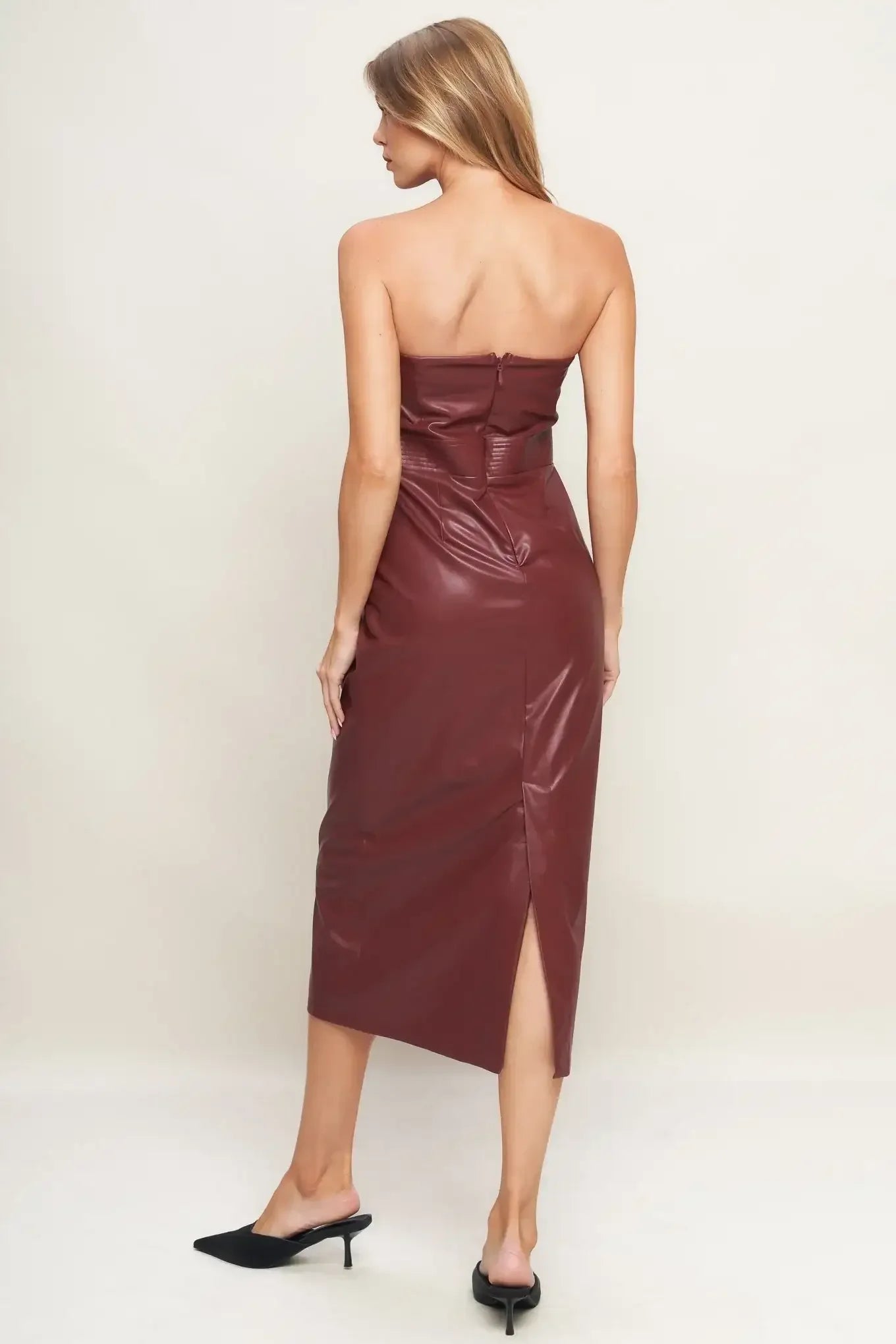 RUNWAY TREND FAUX LEATHER MIDI DRESS - BURGUNDY