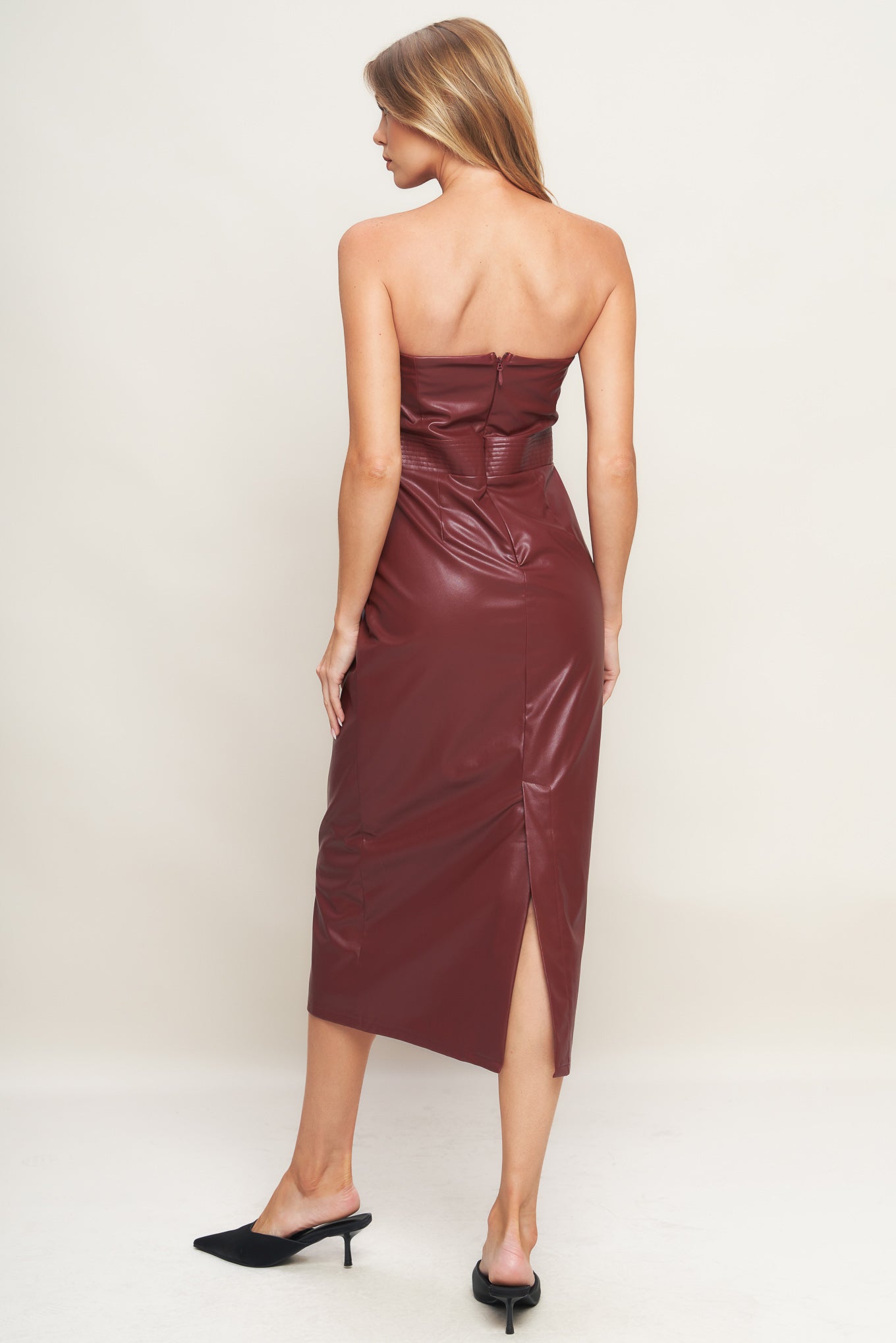 RUNWAY TREND FAUX LEATHER MIDI DRESS - BURGUNDY