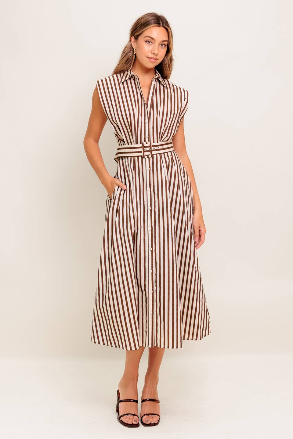 Bistro Stripe Midi Dress – Brown Cotton Button-Down Day Bistro Stripe Midi Dress – Brown Cotton Button-Down Day