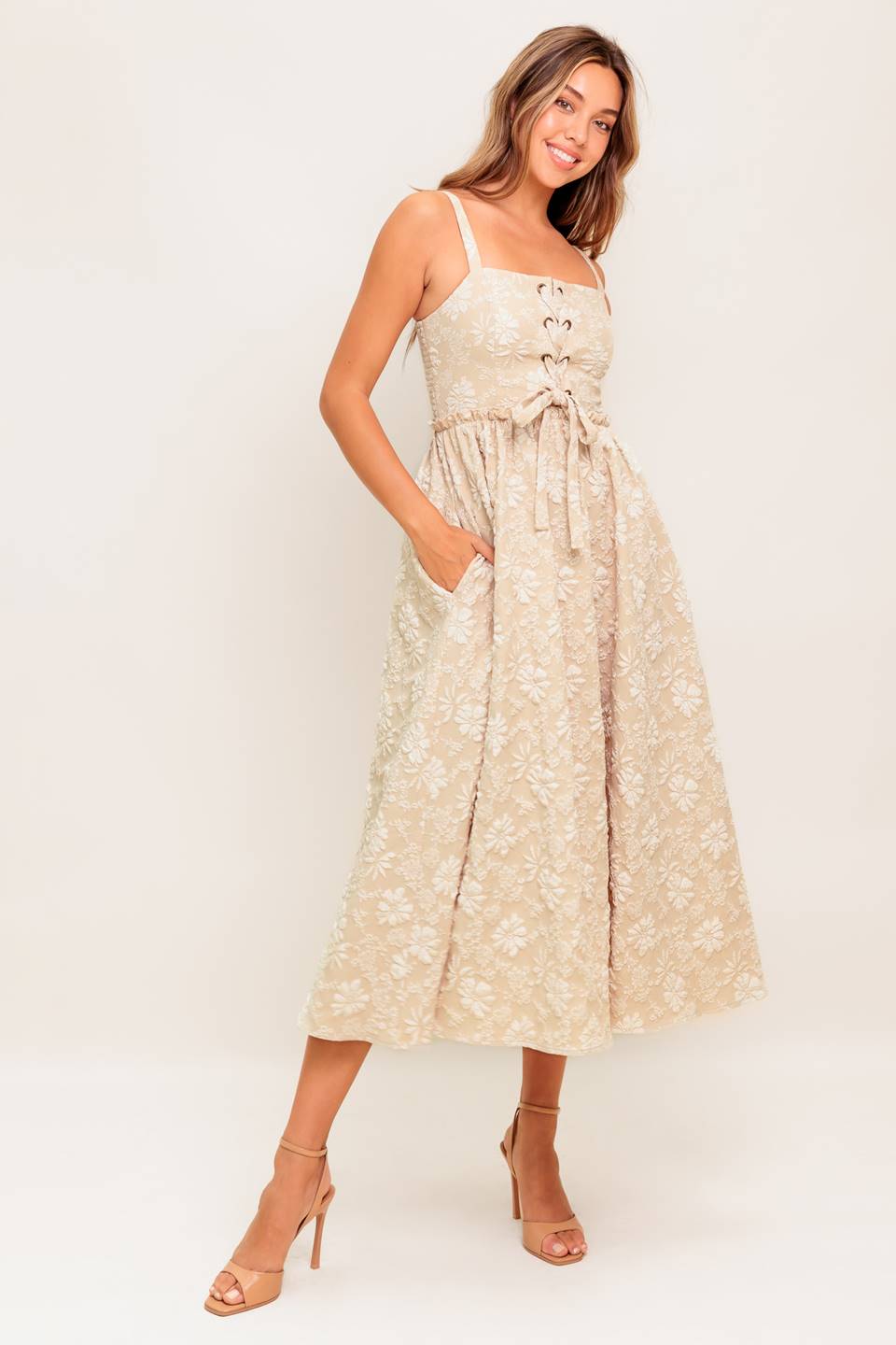 Eloise Midi Dress Taupe Jacquard Lace Front Dress