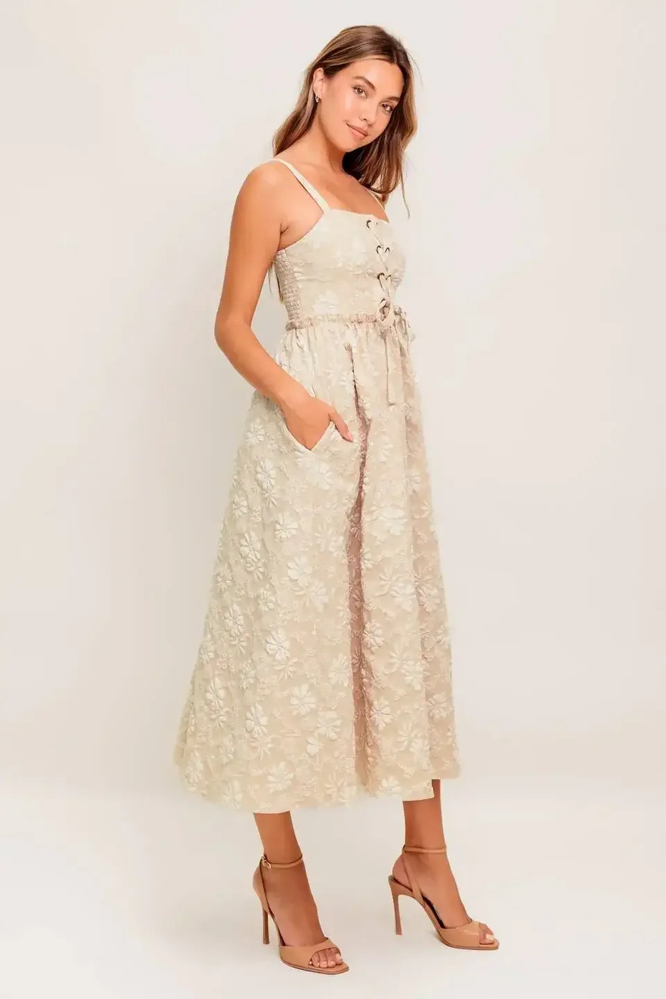 ELOISE MIDI DRESS - LACE FRONT TAUPE JACQUARD DRESS