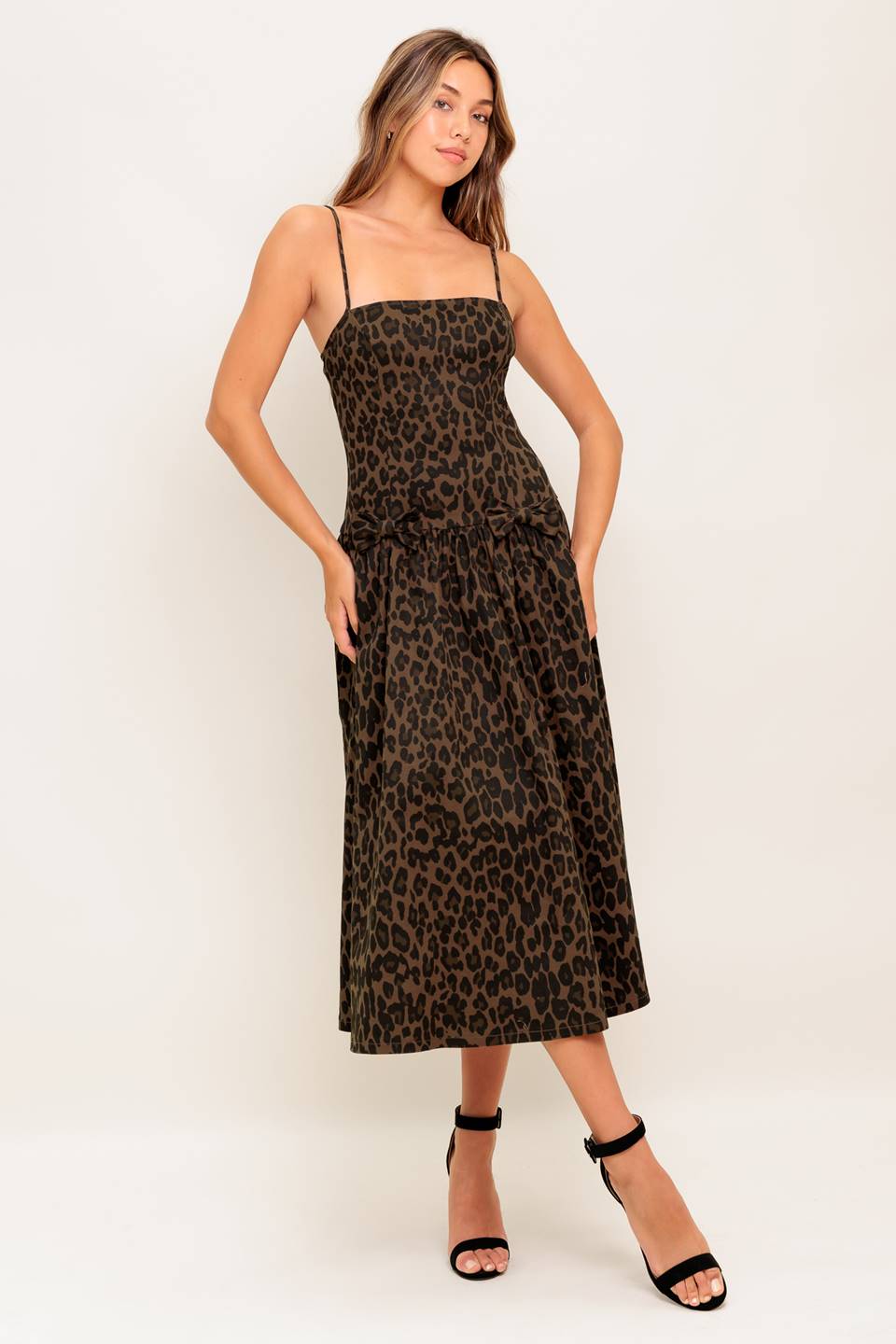 SAVANNAH DARK BROWN MIDI DRESS LEOPARD PRINT