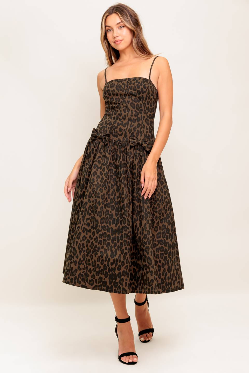 SAVANNAH DARK BROWN MIDI DRESS LEOPARD PRINT