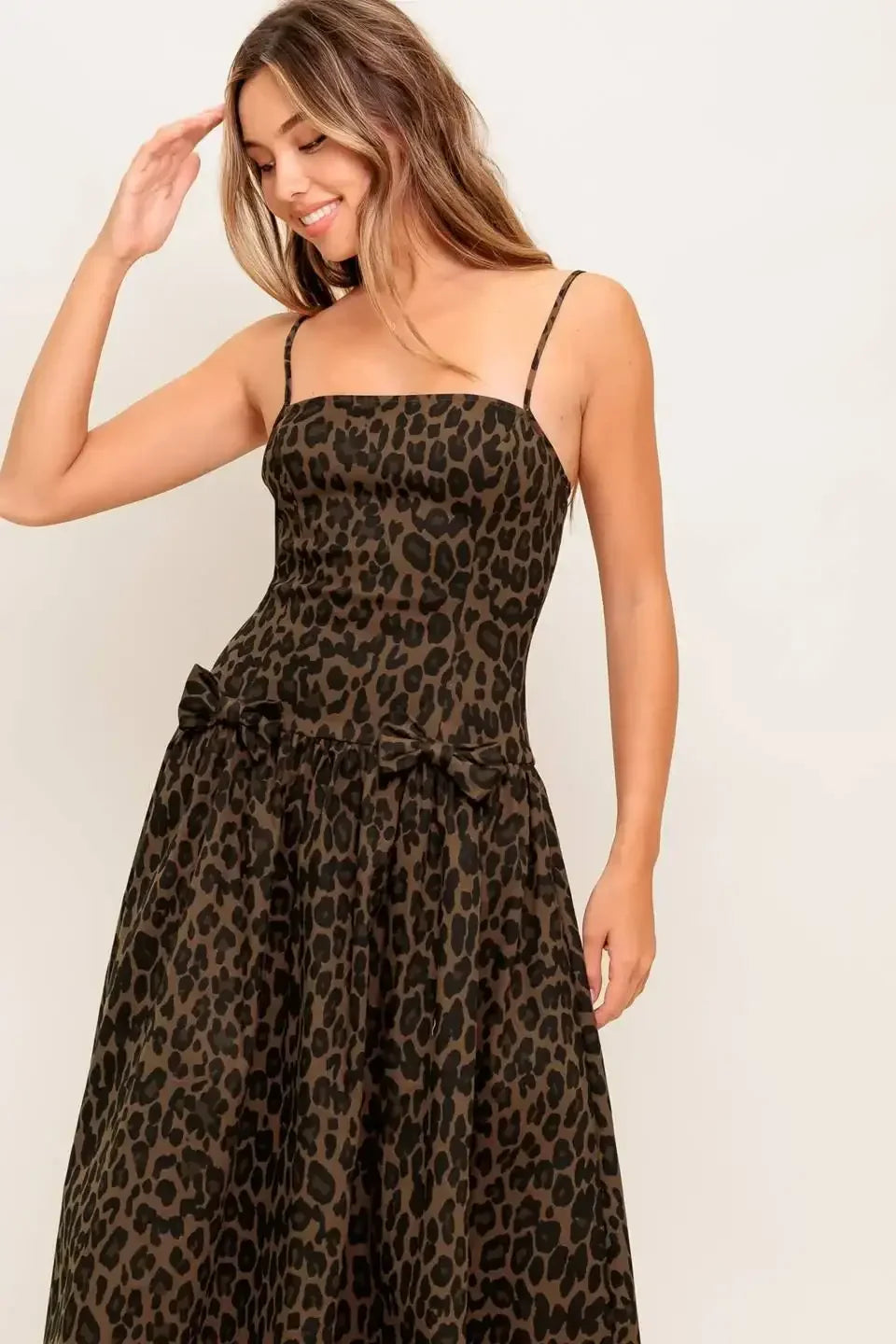 SAVANNAH DARK BROWN MIDI DRESS LEOPARD PRINT
