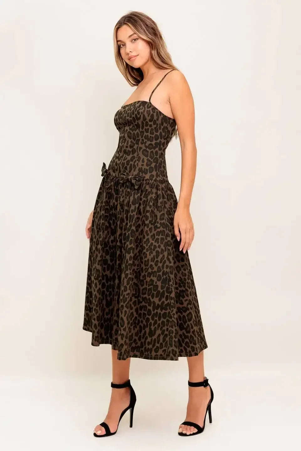 SAVANNAH DARK BROWN MIDI DRESS LEOPARD PRINT
