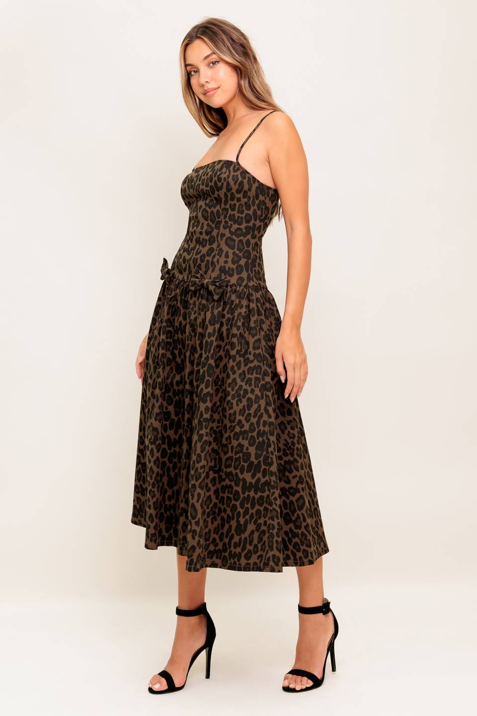 SAVANNAH DARK BROWN MIDI DRESS LEOPARD PRINT