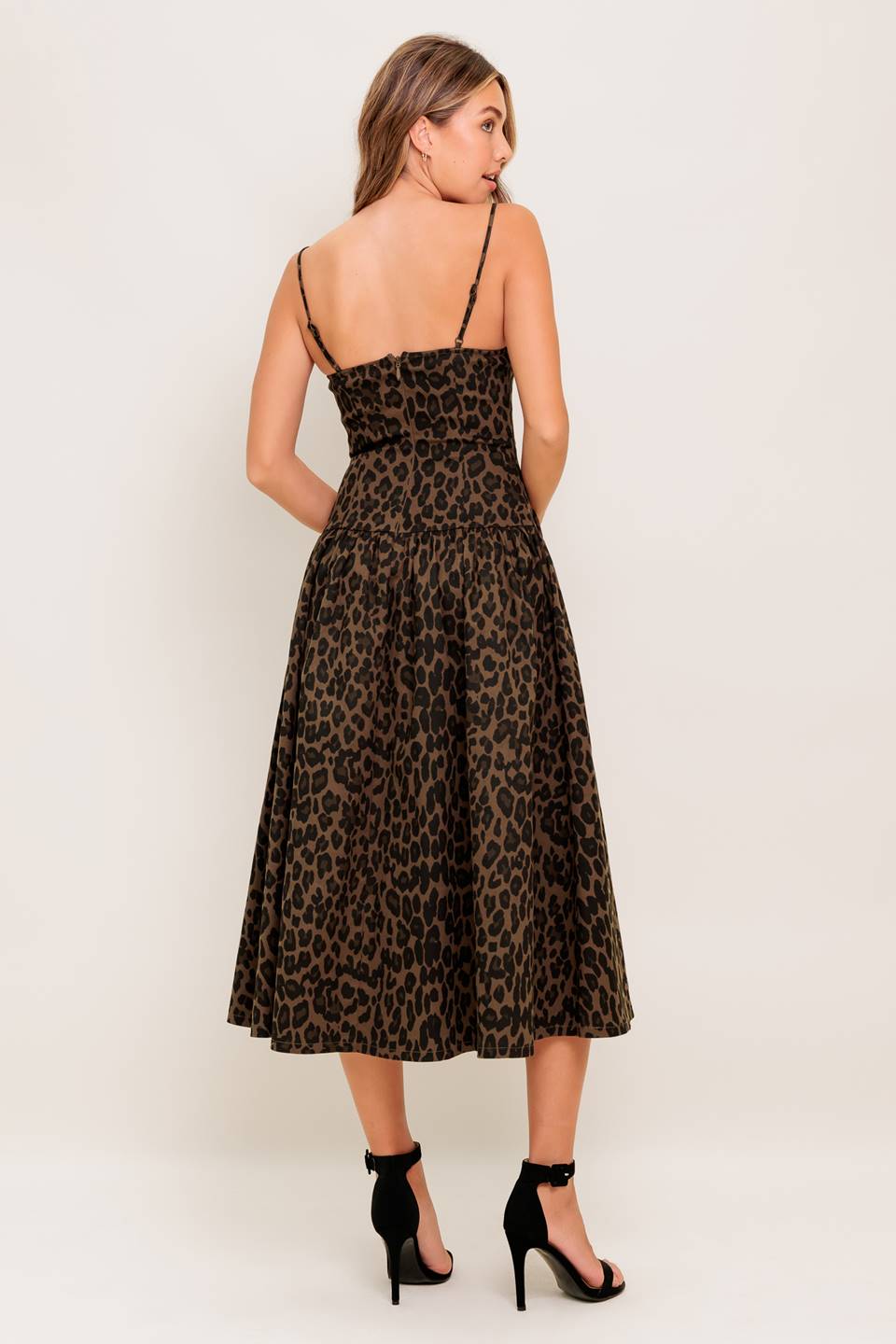 SAVANNAH DARK BROWN MIDI DRESS LEOPARD PRINT