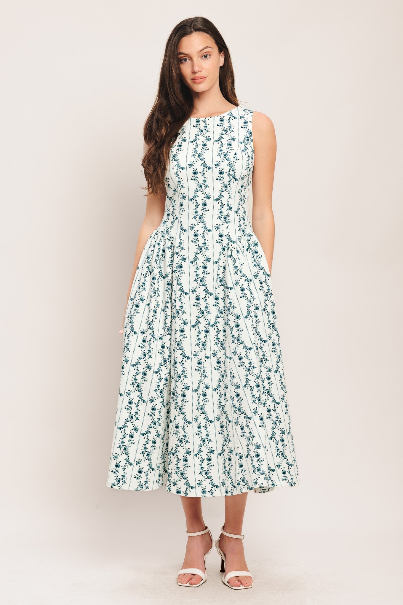 BLOOM COLUMNS BLUE FLORAL MIDI DRESS