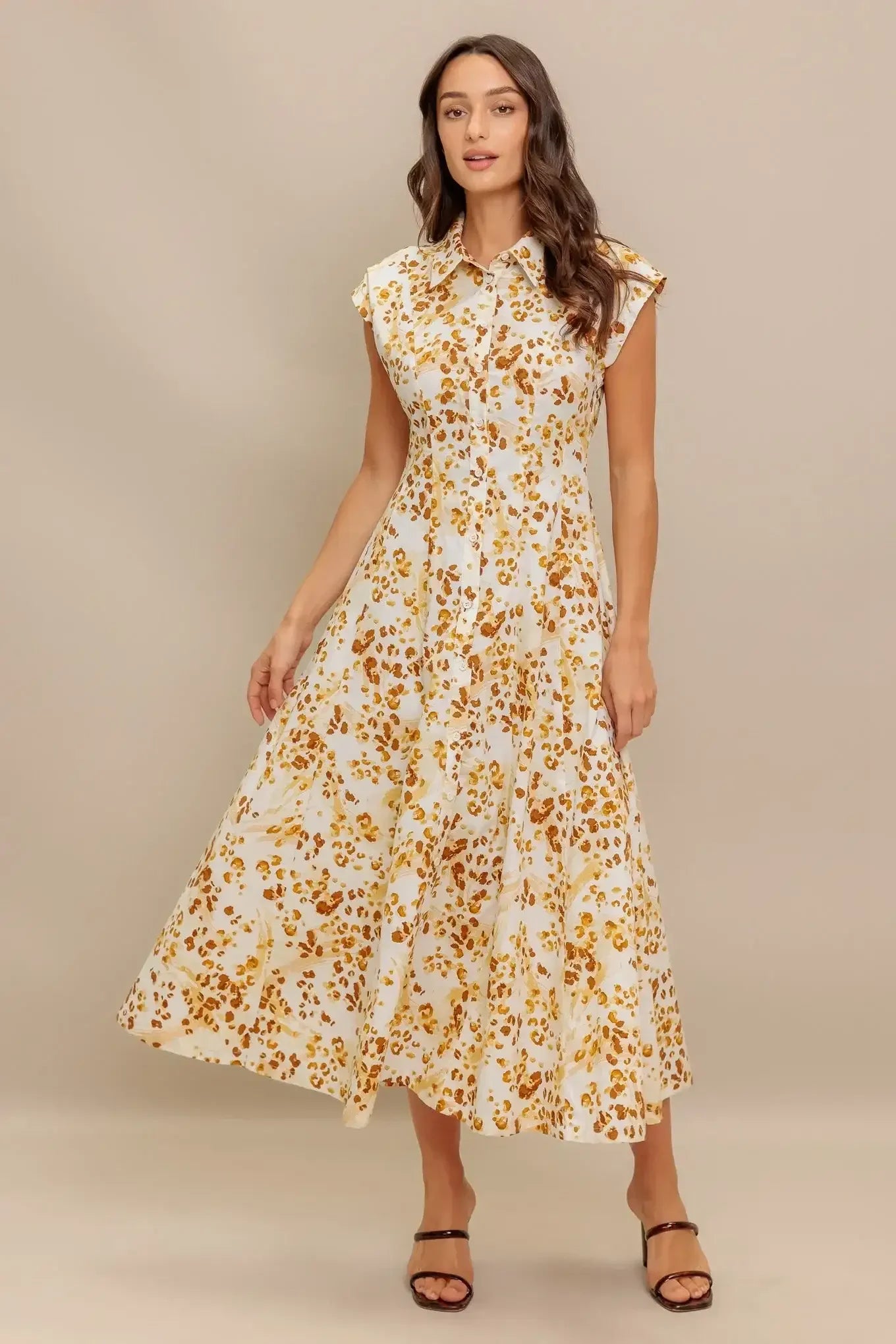 Button Front Cheetah Print Midi Dress