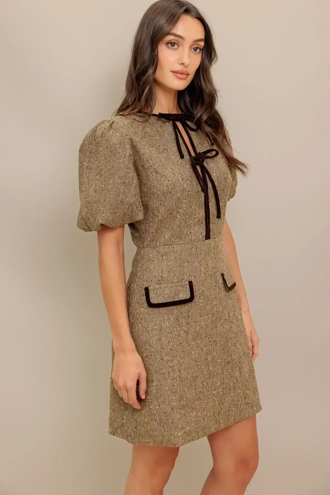 Brown dress with puff sleeves and black accents