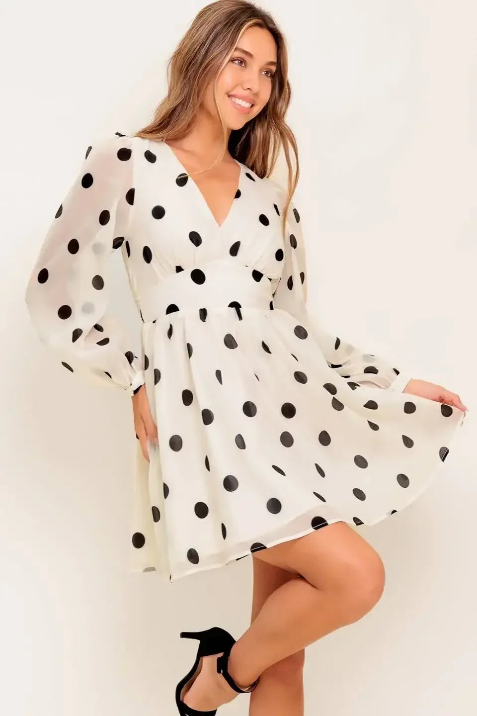 IVORY & BLACK POLKA DOT CHIFFON MINI DRESS