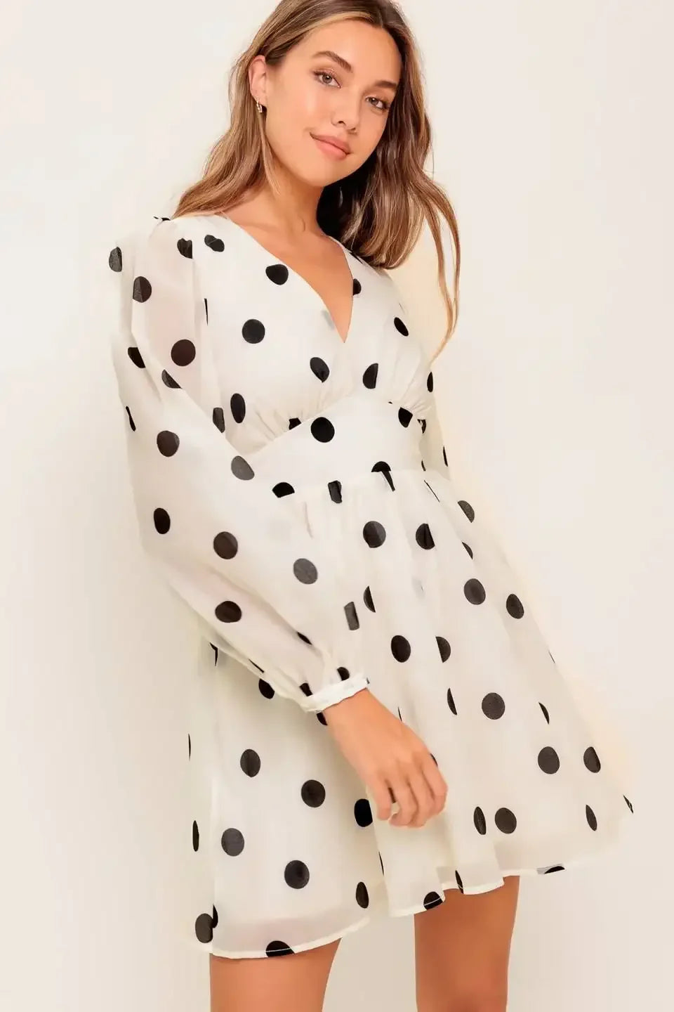 IVORY & BLACK POLKA DOT CHIFFON MINI DRESS