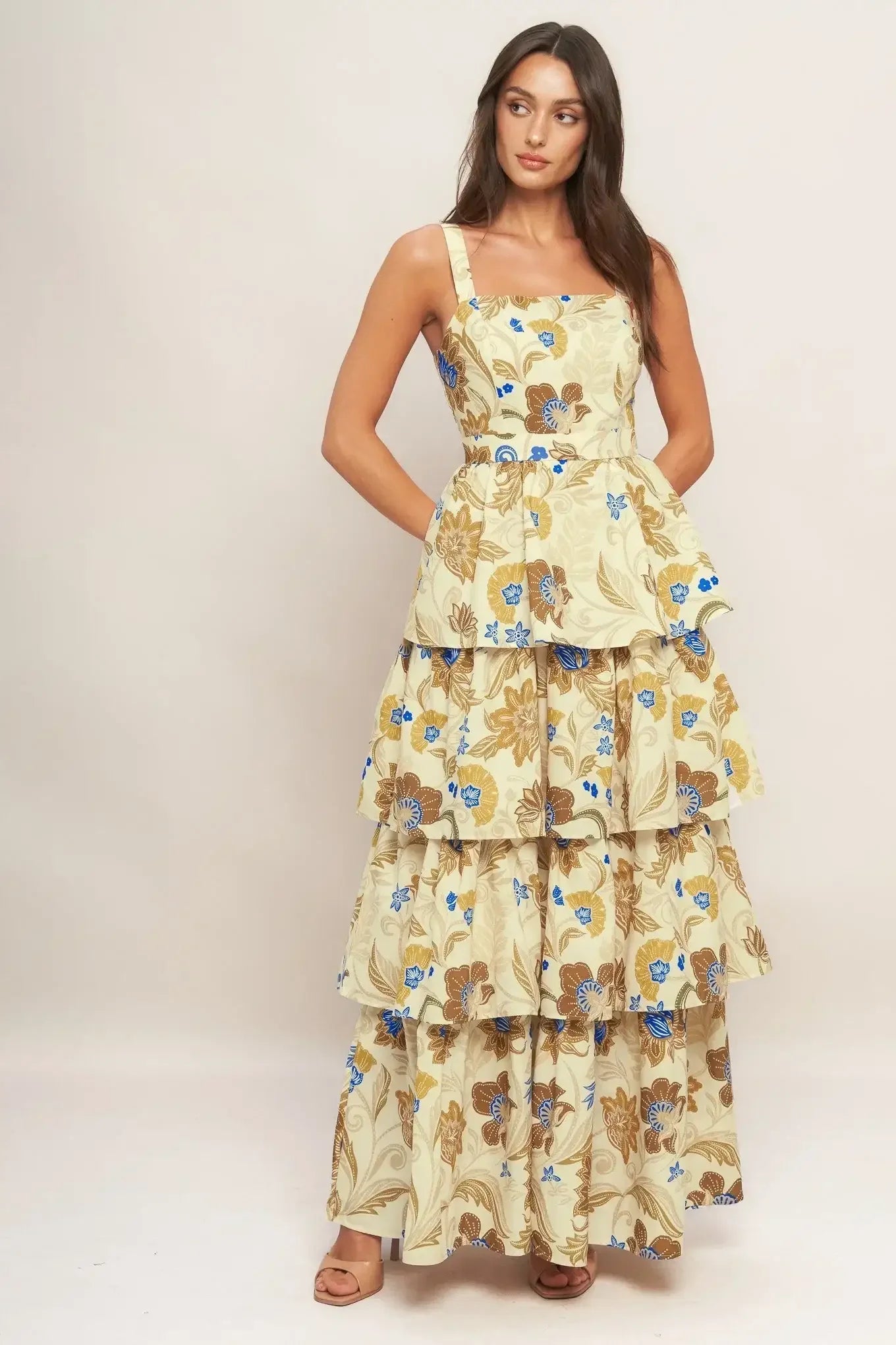 IVORY & BROWN PRINT TIERED MAXI DRESS