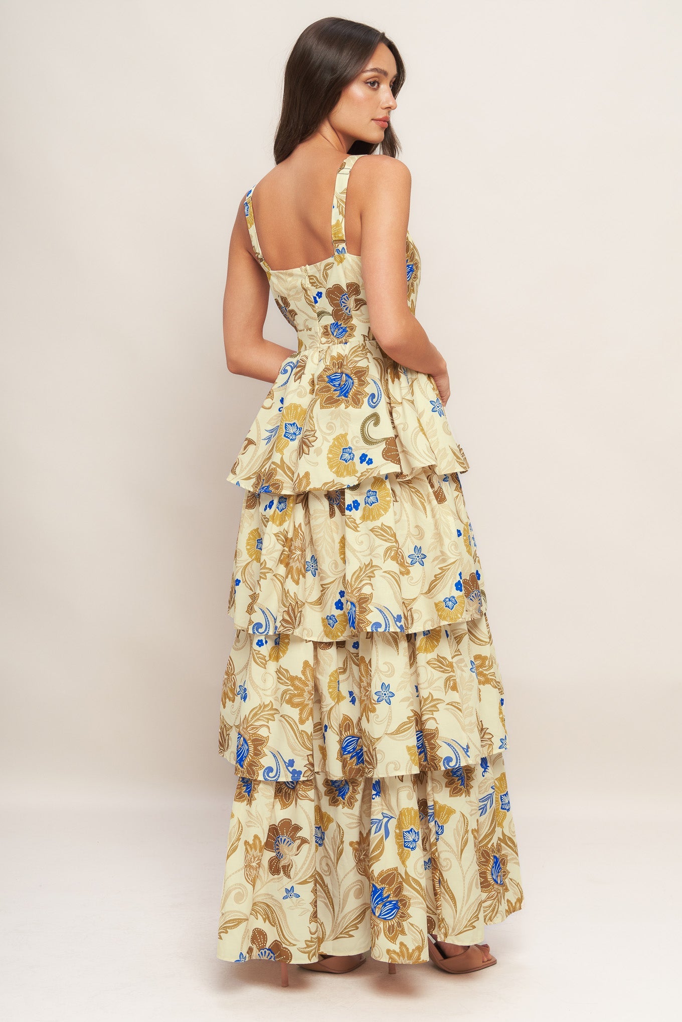 IVORY & BROWN PRINT TIERED MAXI DRESS