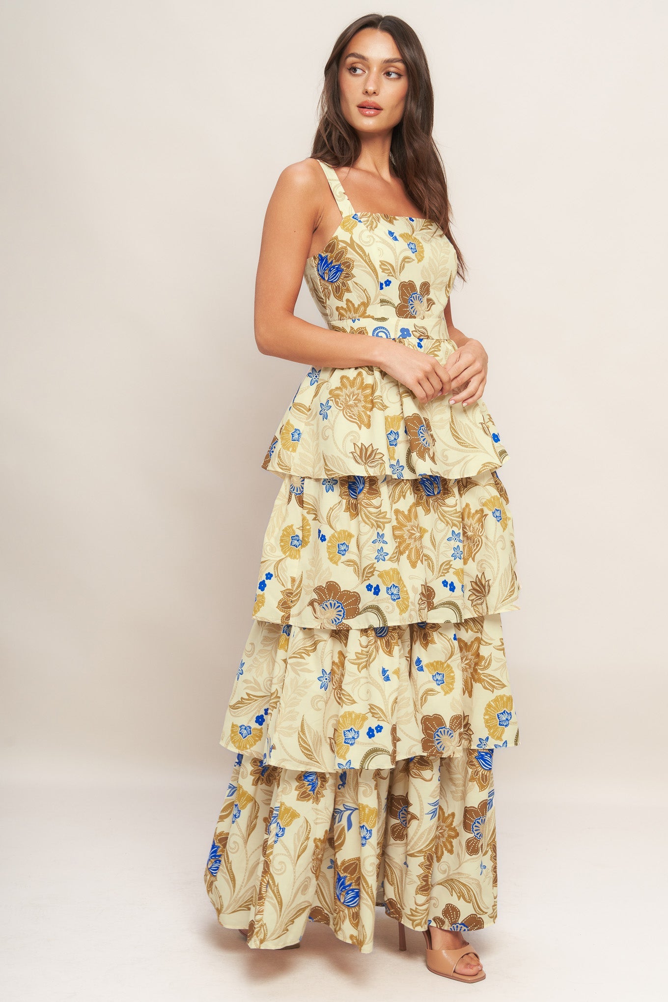 IVORY & BROWN PRINT TIERED MAXI DRESS