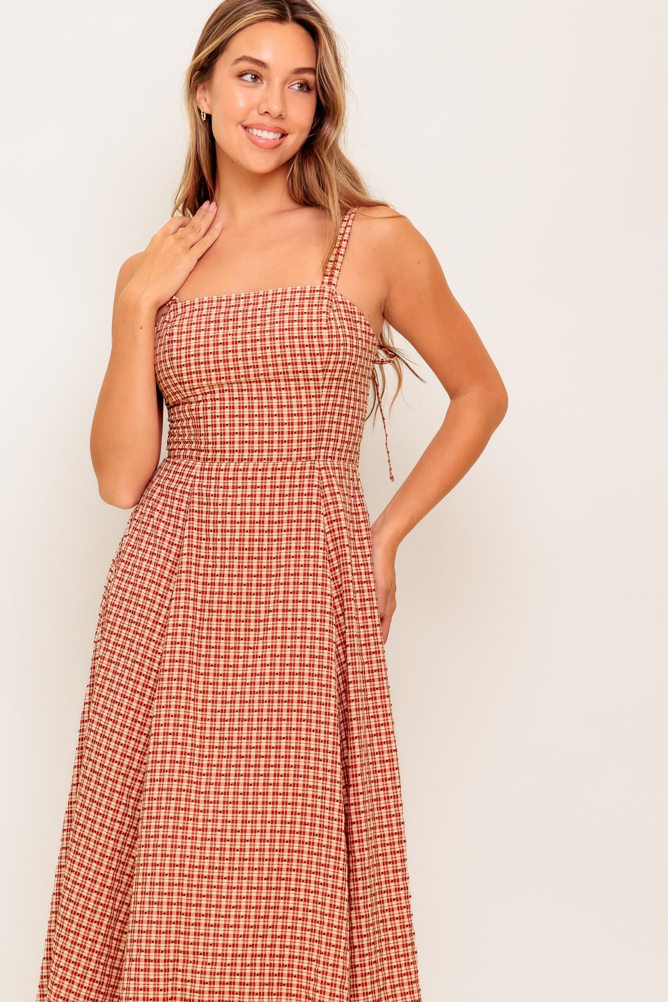 GINGHAM CHARM PLAID MIDI DRESS