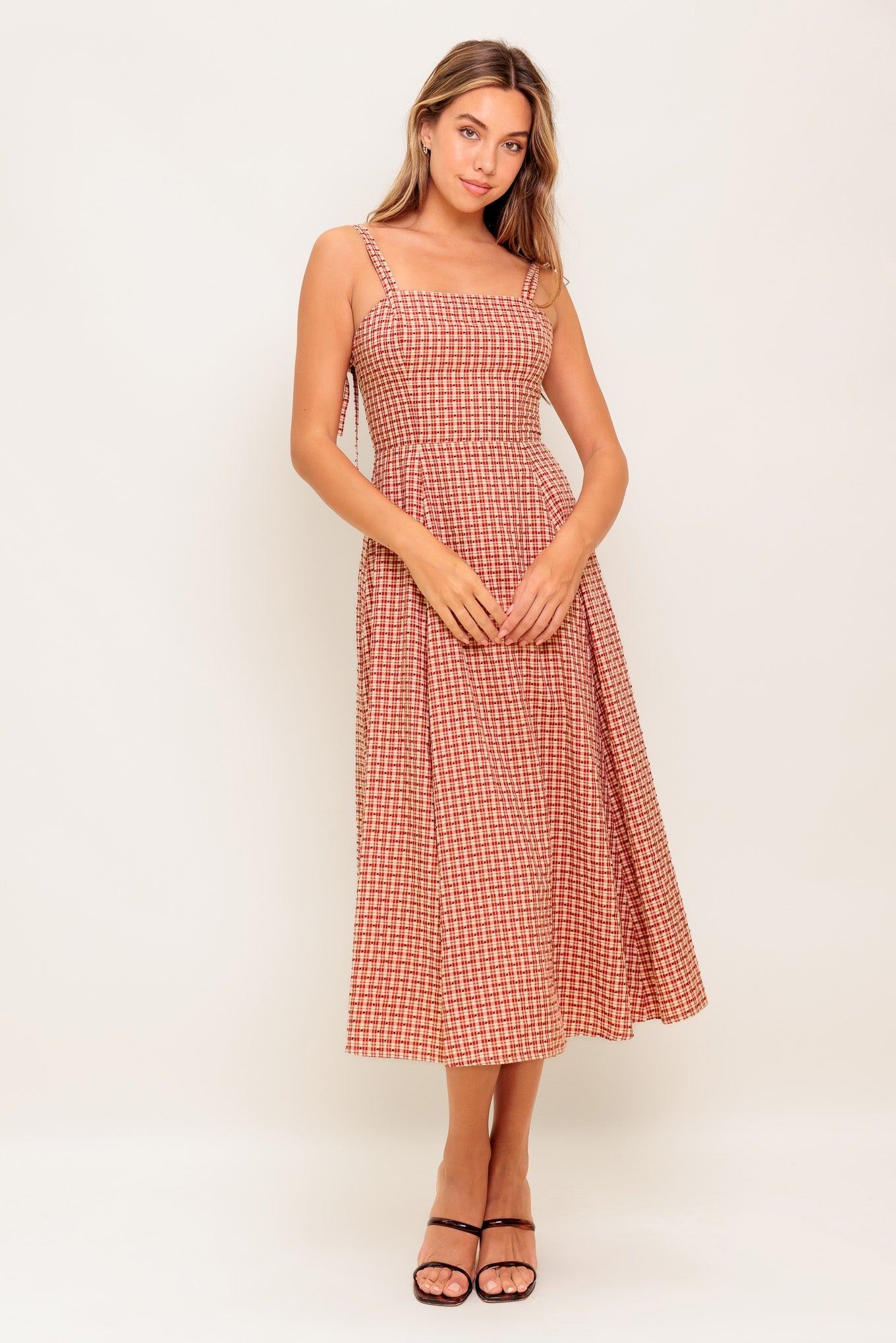 GINGHAM CHARM PLAID MIDI DRESS