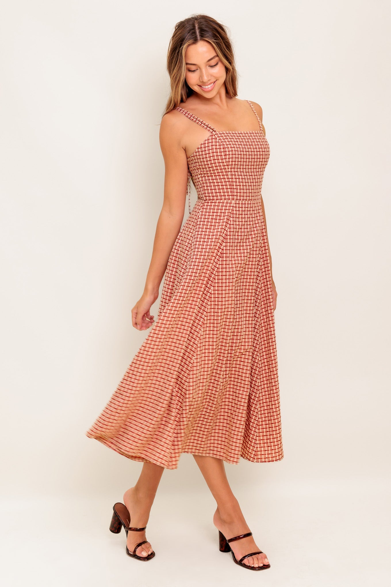 GINGHAM CHARM PLAID MIDI DRESS
