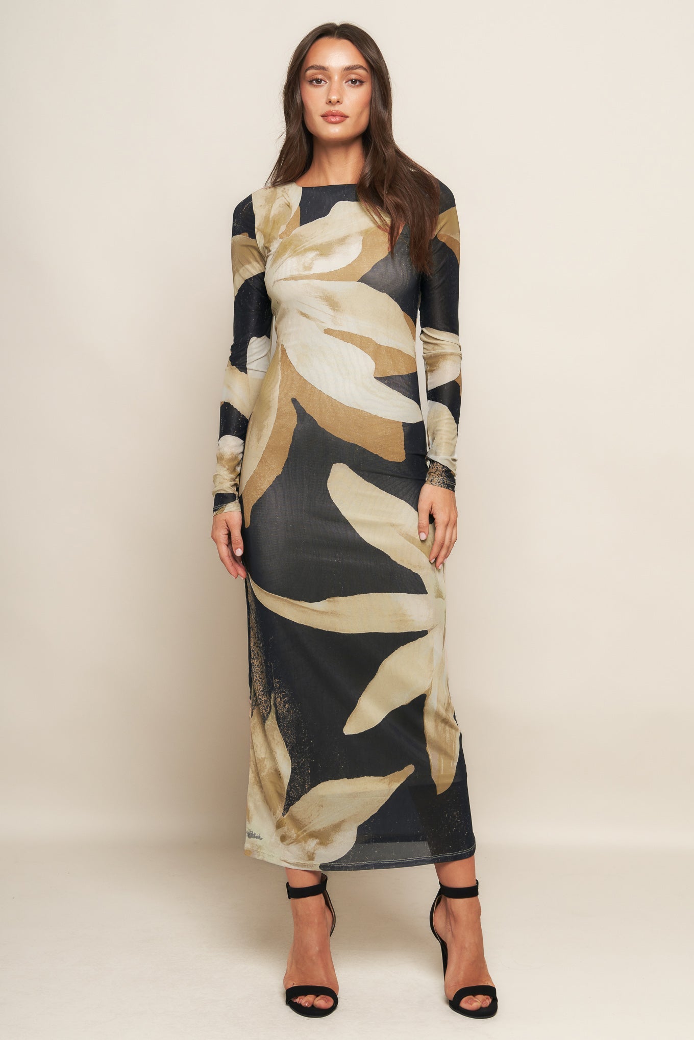 ABSTRACT BOTANICA LONG SLEEVE POWER MESH MIDI DRESS