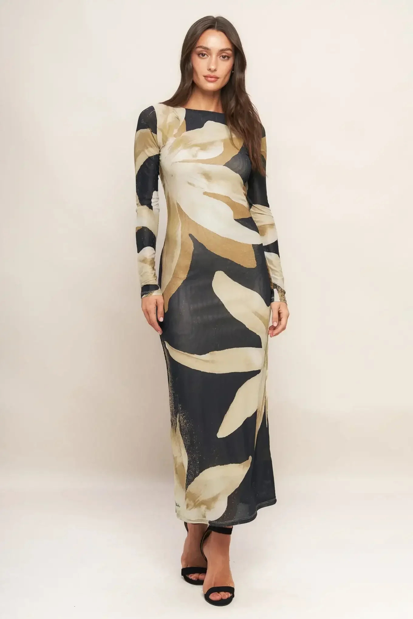 ABSTRACT BOTANICA LONG SLEEVE POWER MESH MIDI DRESS