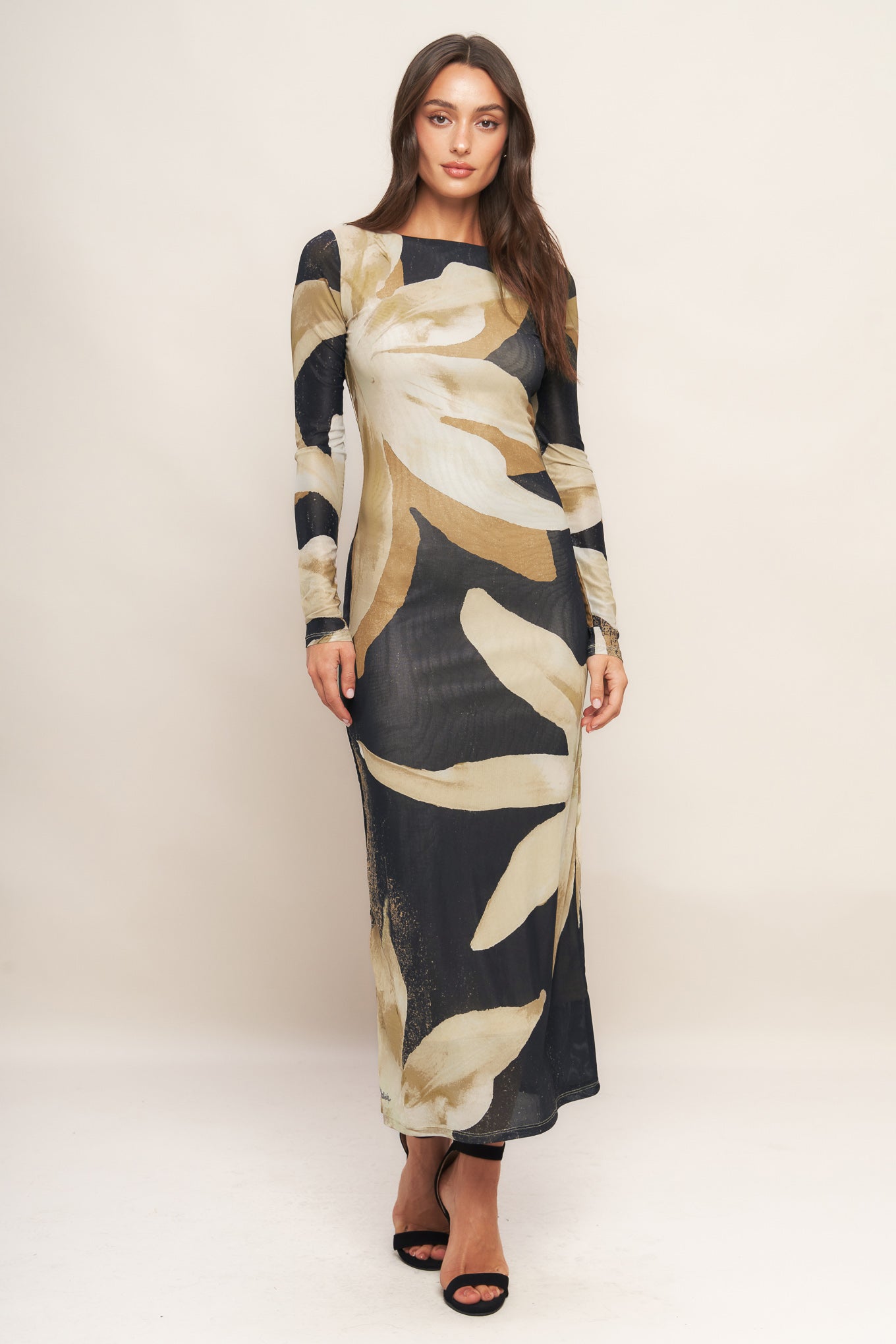 ABSTRACT BOTANICA LONG SLEEVE POWER MESH MIDI DRESS