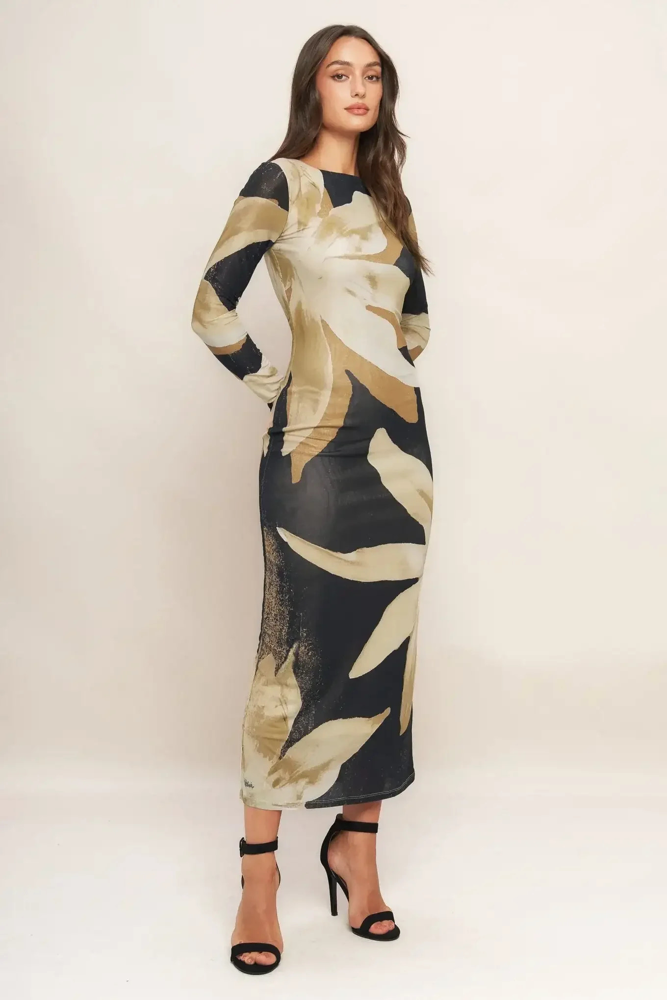 ABSTRACT BOTANICA LONG SLEEVE POWER MESH MIDI DRESS