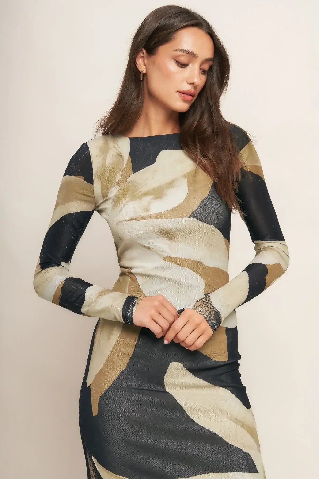 ABSTRACT BOTANICA LONG SLEEVE POWER MESH MIDI DRESS