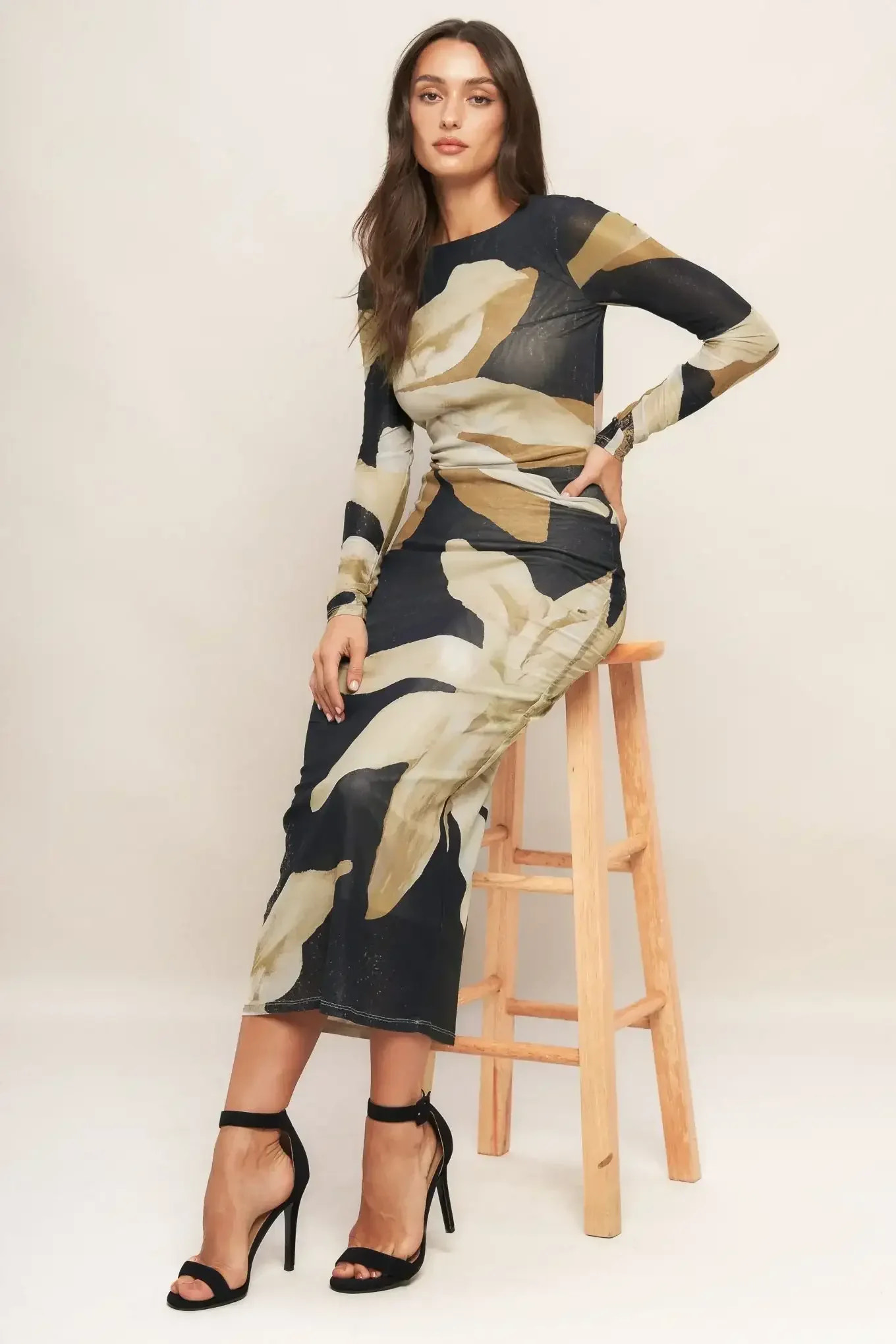 ABSTRACT BOTANICA LONG SLEEVE POWER MESH MIDI DRESS