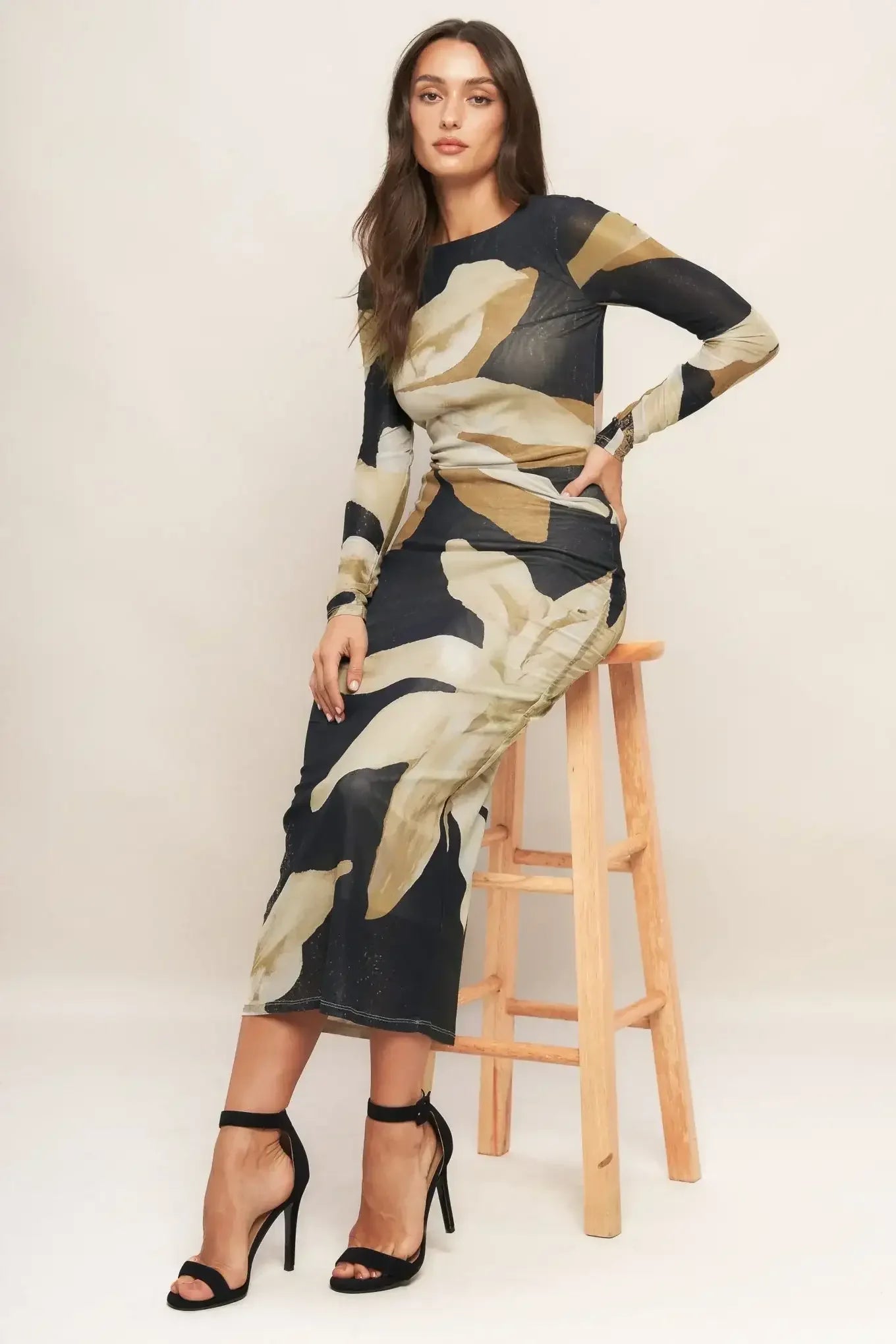 ABSTRACT BOTANICA LONG SLEEVE POWER MESH MIDI DRESS