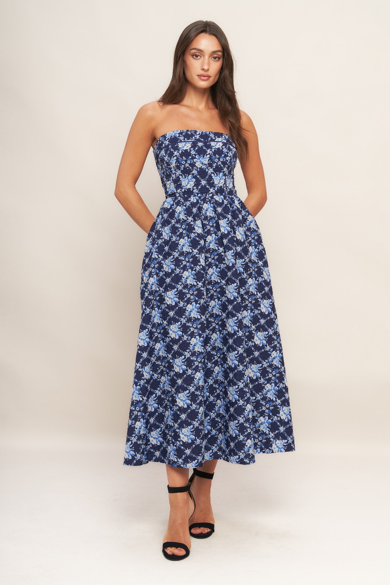 BLUE RENAISSANCE STRAPLESS MIDI DRESS