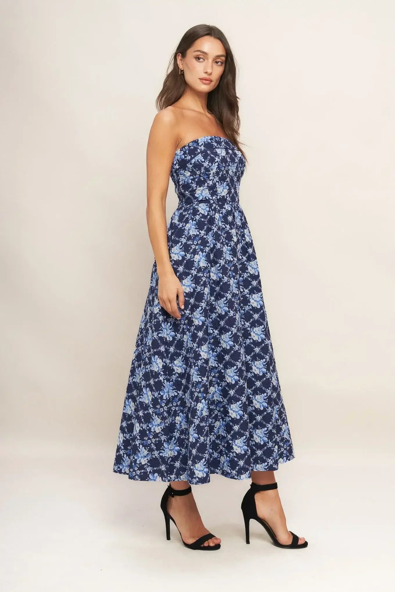 BLUE RENAISSANCE STRAPLESS MIDI DRESS