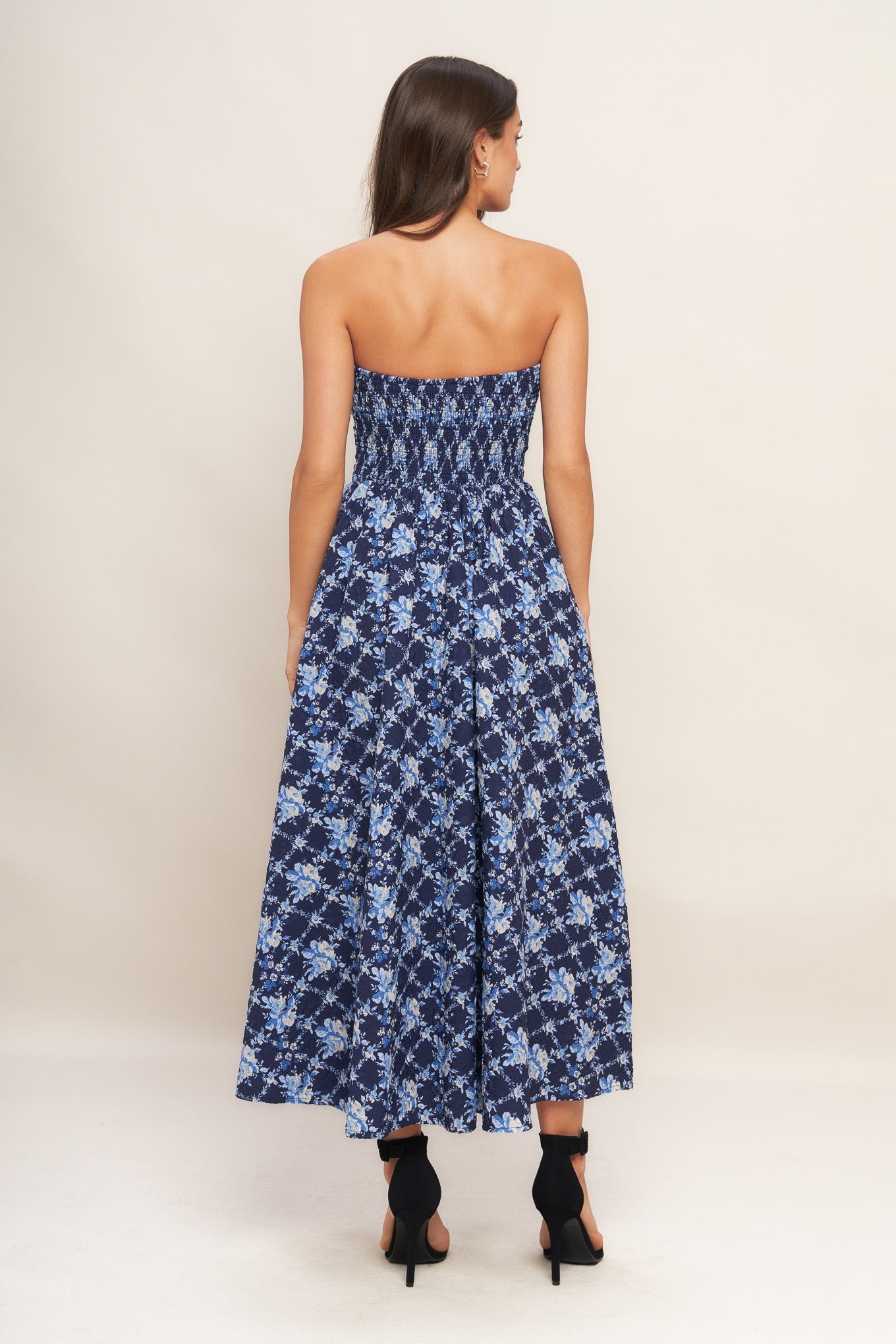 BLUE RENAISSANCE STRAPLESS MIDI DRESS
