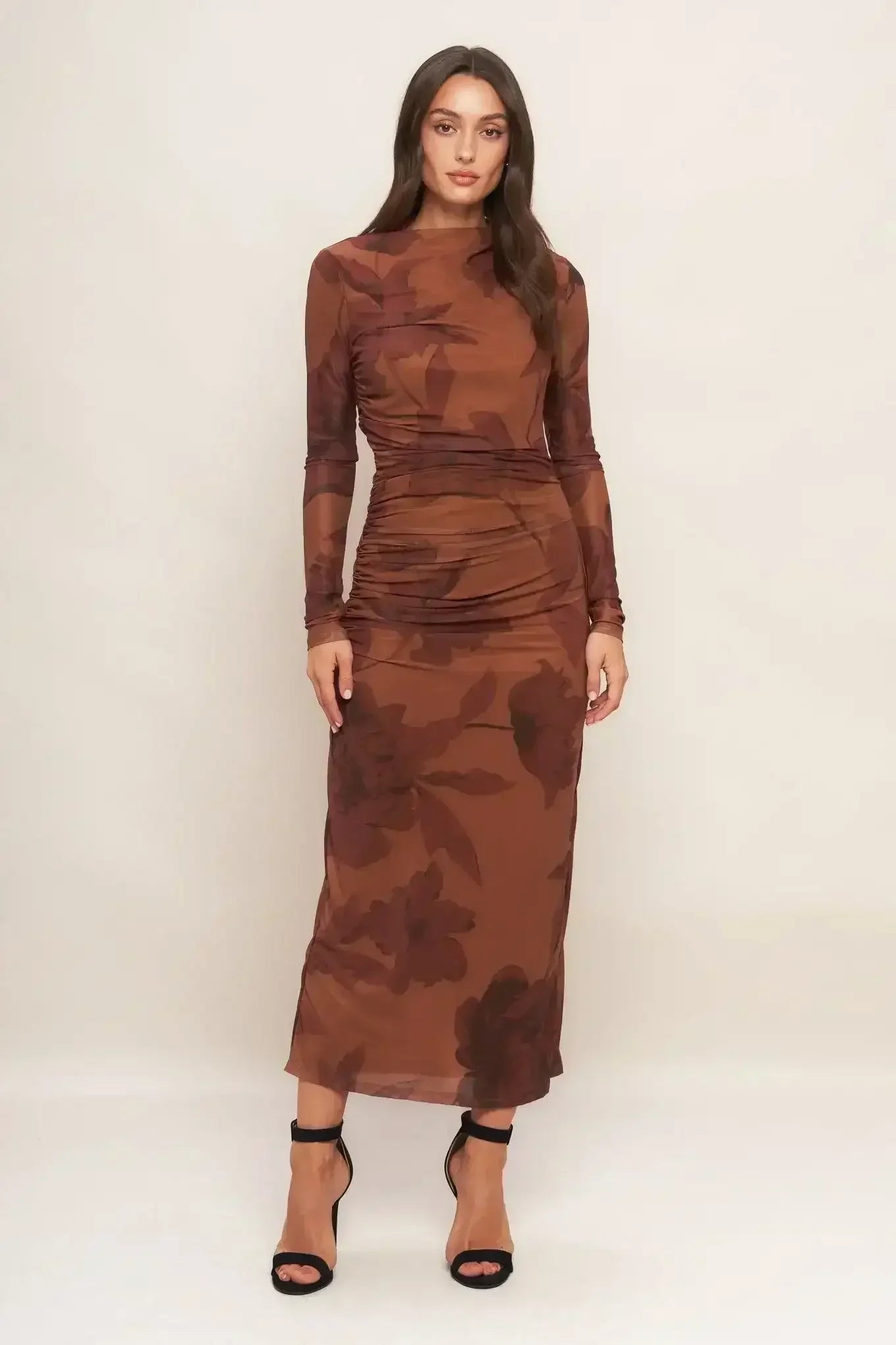 AMBER FLORA POWER MESH MIDI DRESS