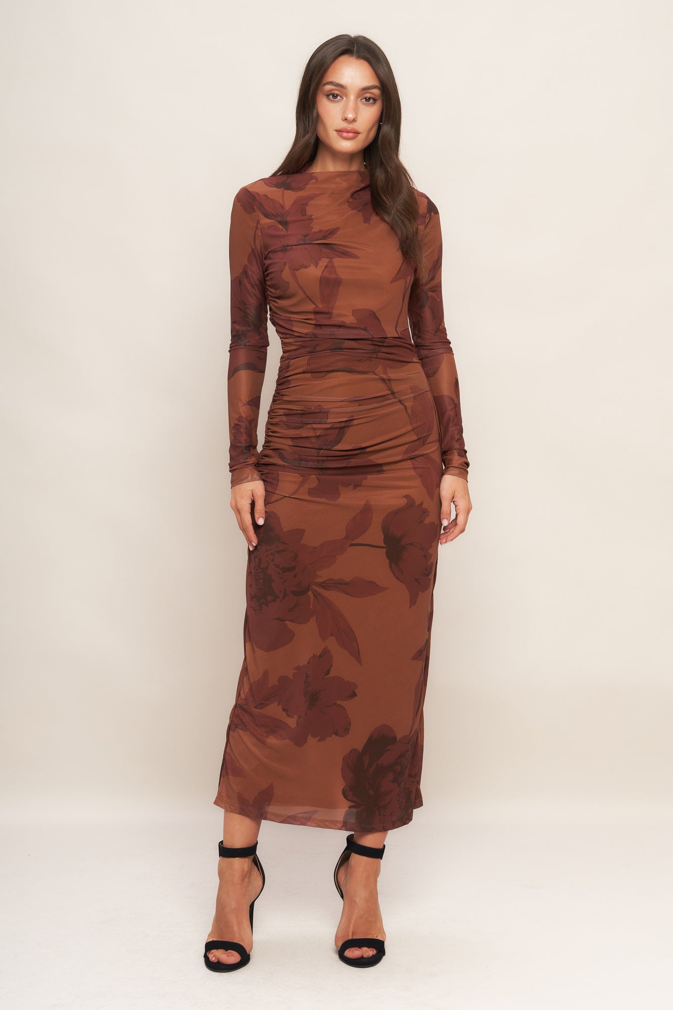 AMBER FLORA POWER MESH MIDI DRESS