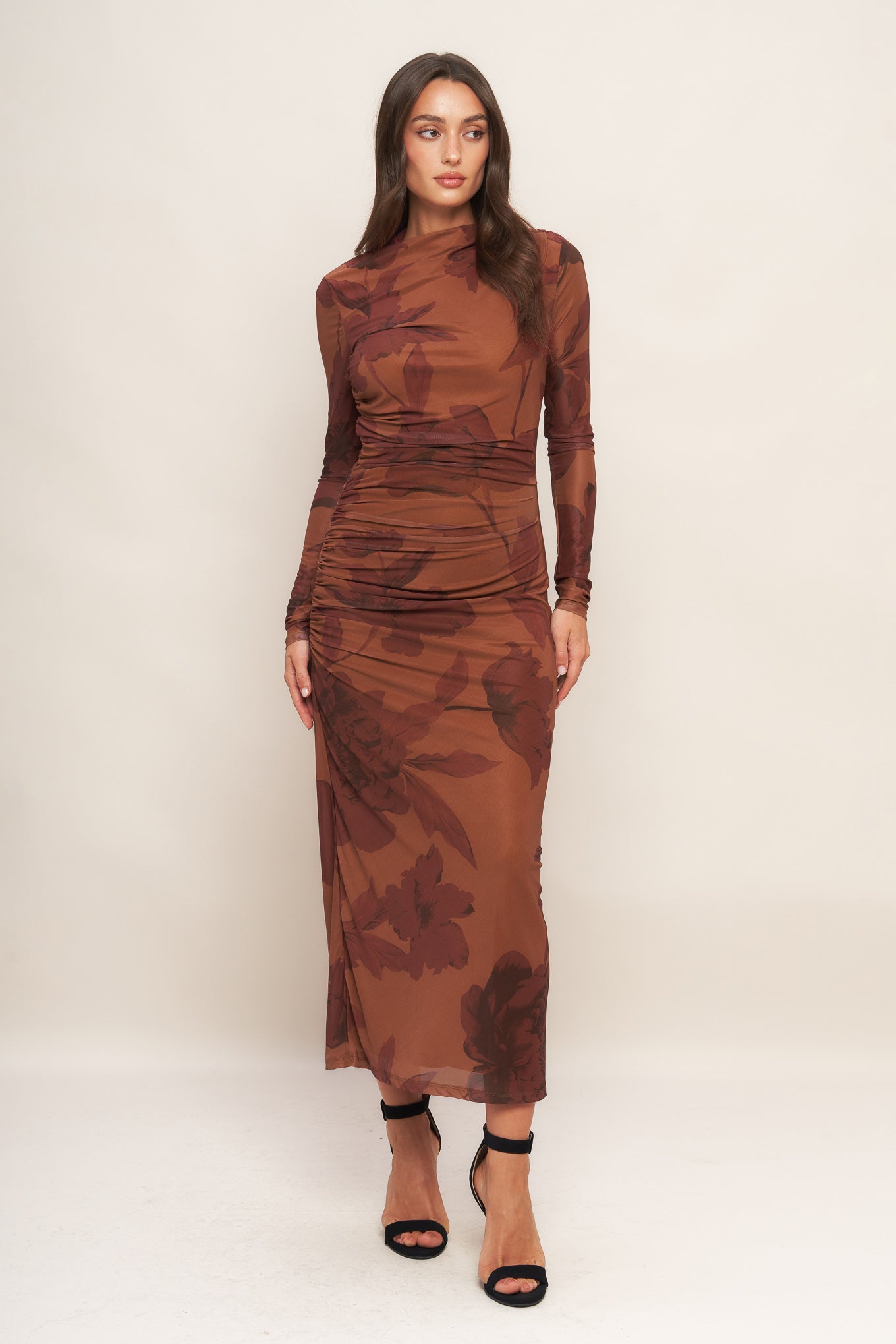 AMBER FLORA POWER MESH MIDI DRESS