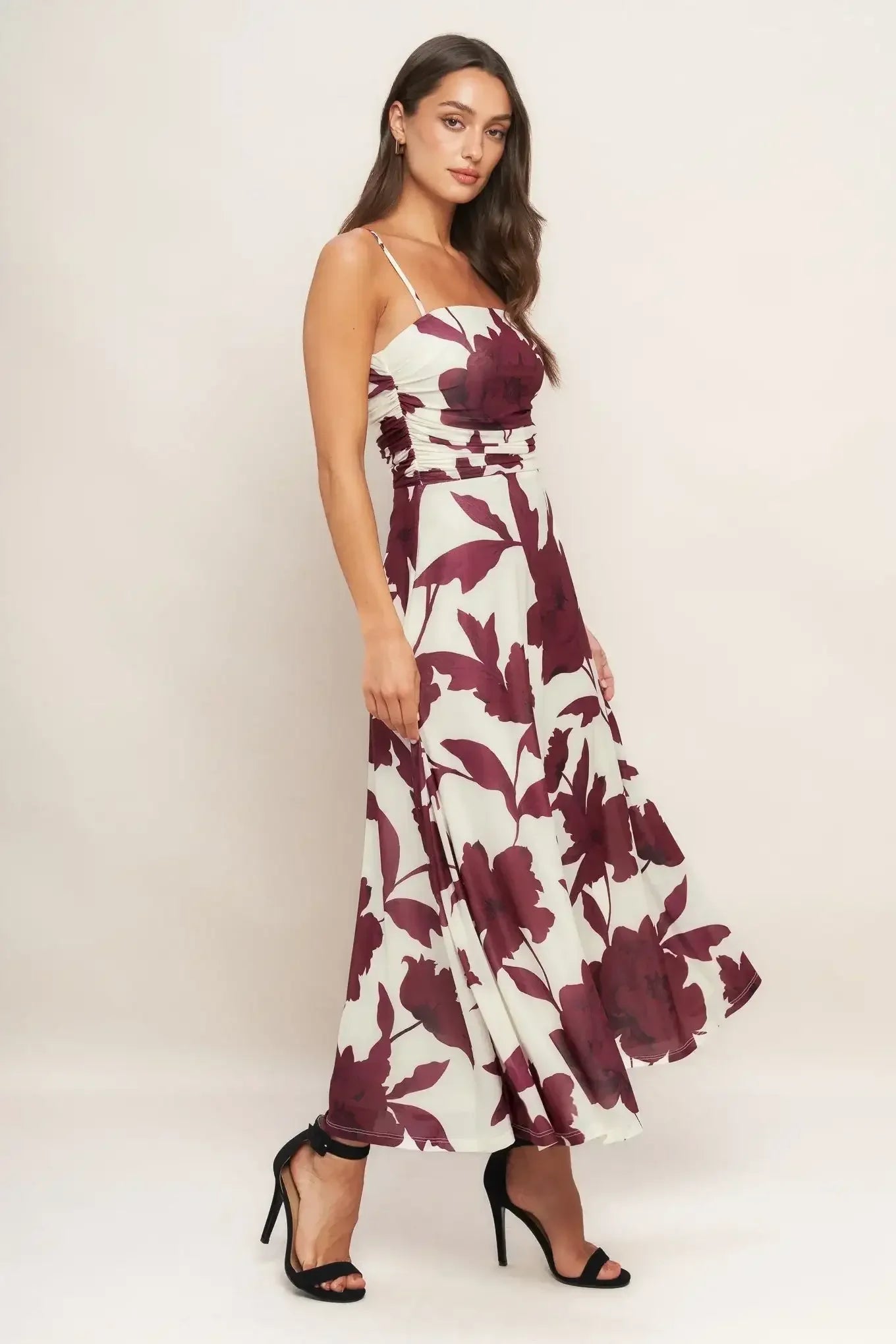 WINE BLOOM POWER MESH MIDI DRESS - BURGUNDY