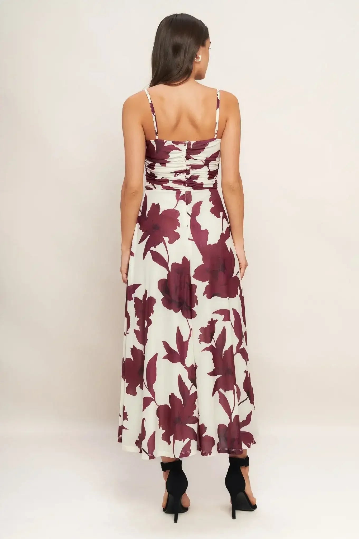 WINE BLOOM POWER MESH MIDI DRESS - BURGUNDY